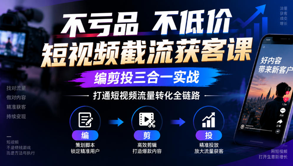 不亏品不低价短视频截流获客课,编剪投三合一实战,打通短视频流量转化全链路-独家科技资源网