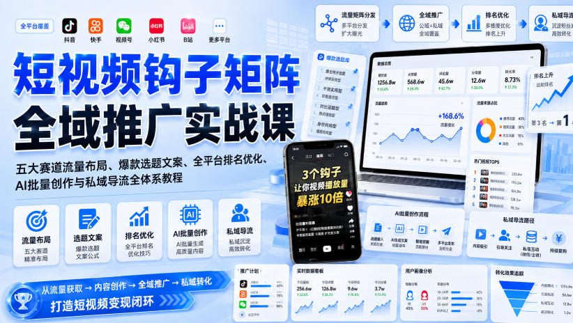 短视频钩子矩阵全域推广实战课｜五大赛道流量布局、爆款选题文案、全平台排名优化、AI批量创作与私域导流全体系教程-独家科技资源网