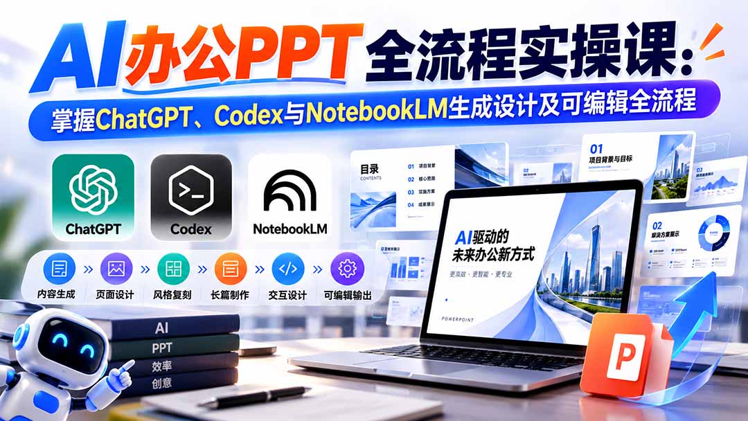 【无水印】AI办公PPT全流程实操课: 掌握ChatGPT、Codex与NotebookLM生成设计及可编辑全流程-独家科技资源网