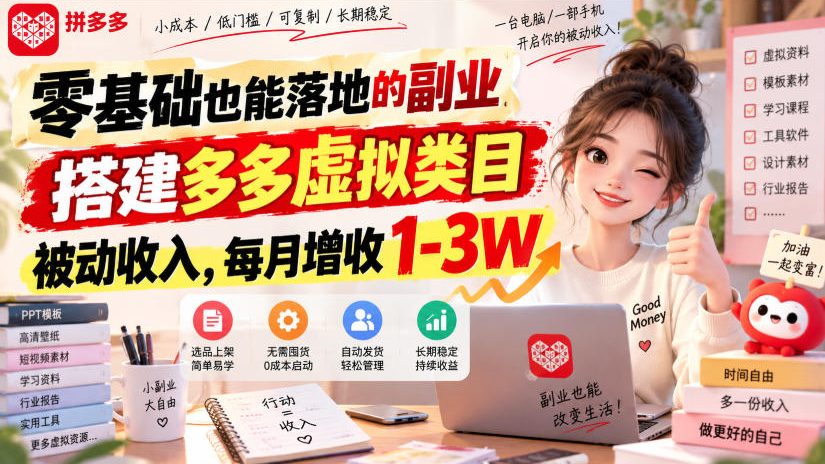 零基础也能落地的副业，搭建多多虚拟类目被动收入，每月增收1-3W【揭秘】-独家科技资源网