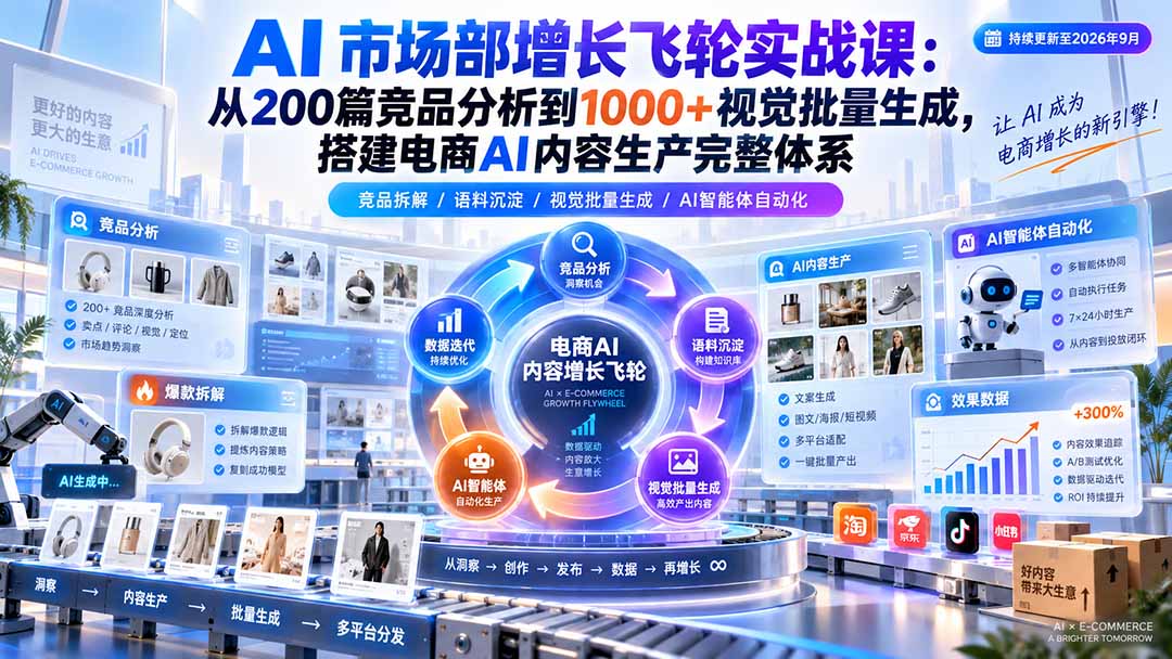 AI 市场部增长飞轮实战课:从200篇竞品分析到1000+视觉批量生成,搭建电商AI内容生产完整体系-独家科技资源网