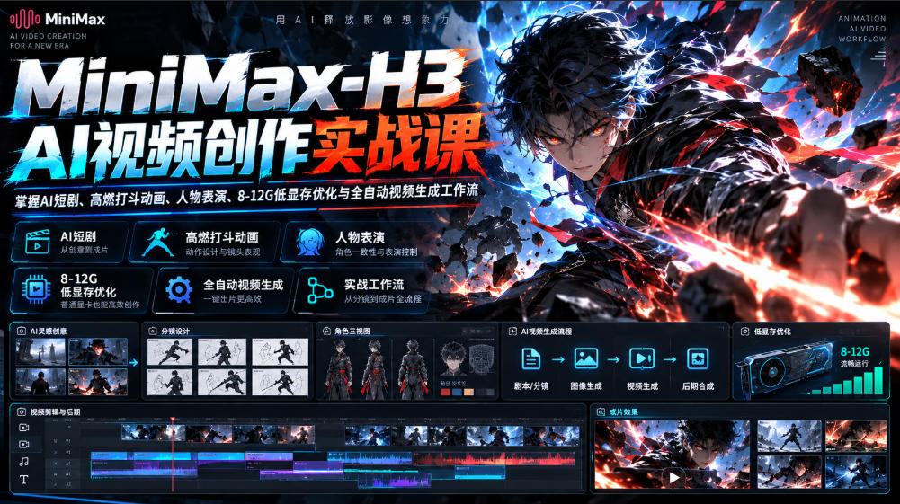MiniMax-H3 AI视频创作实战课，掌握AI短剧、高燃打斗动画、人物表演、8-12G低显存优化与全自动视频生成工作流-独家科技资源网