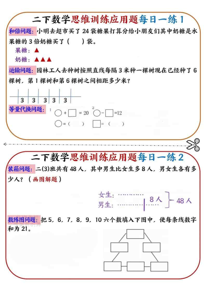 二年级下数学思维训练应用题每日一练小纸条-独家科技资源网