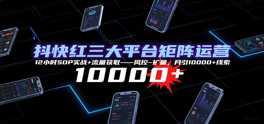 抖快红三大平台矩阵运营，12小时SOP实战+流量获取-风控-扩量，月引10000+线索-独家科技资源网
