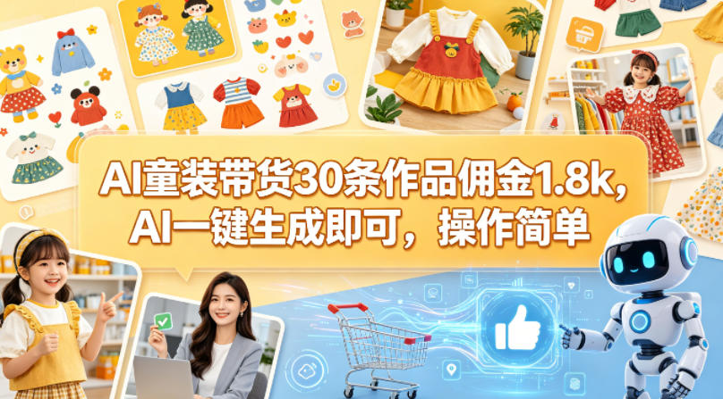 AI童装带货30条作品佣金1.8k，AI一键生成即可，操作简单-独家科技资源网