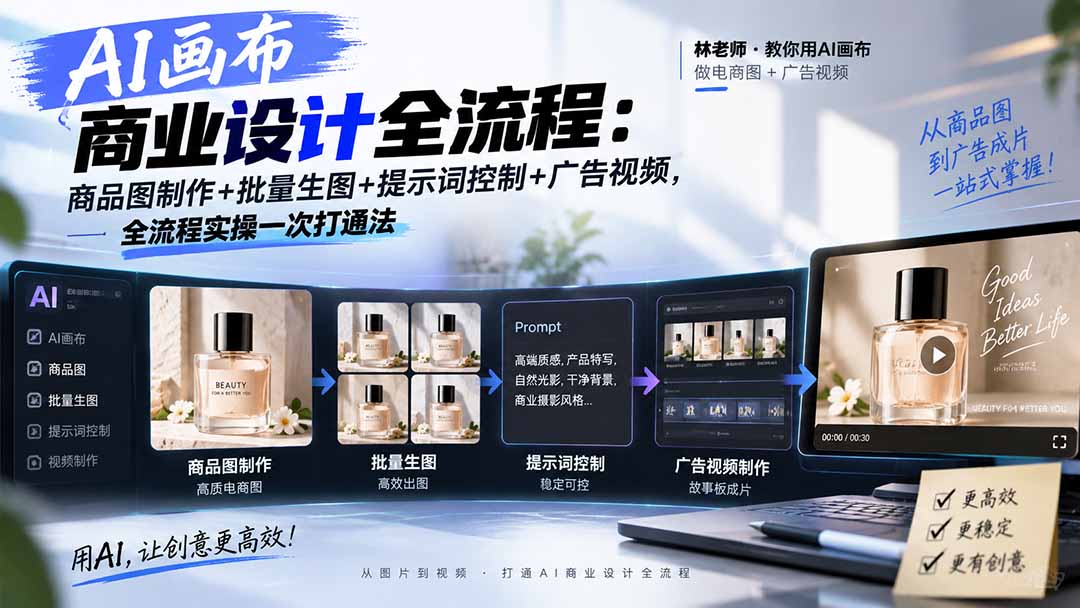 AI画布商业设计全流程:商品图制作+批量生图+提示词控制+广告视频,全流程实操一次打通法-独家科技资源网