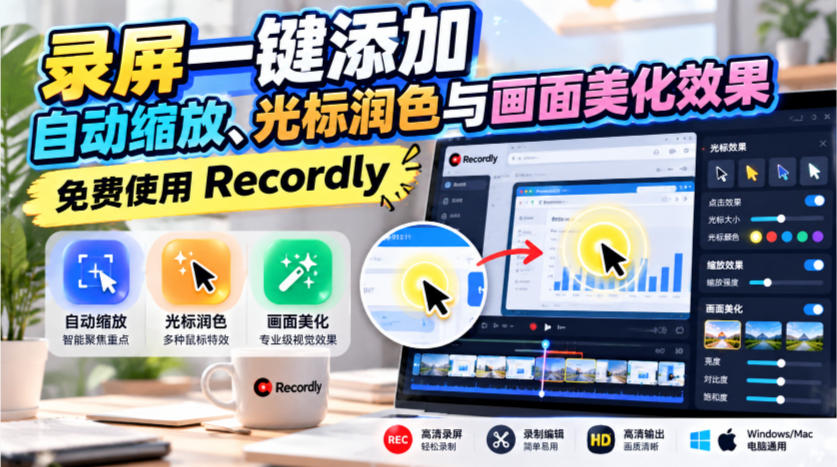 录屏一键添加自动缩放、光标润色与画面美化效果,免费使用Recordly-独家科技资源网