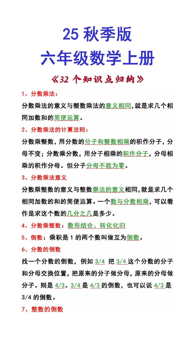 【2025秋新版】六年级数学上册《32个知识点归纳》-独家科技资源网
