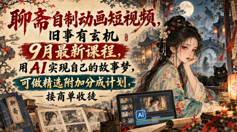 聊斋自制动画短视频,旧事有玄机9月最新课程,用AI实现自己的故事梦,可做精选附加分成计划,接商单收徒-独家科技资源网