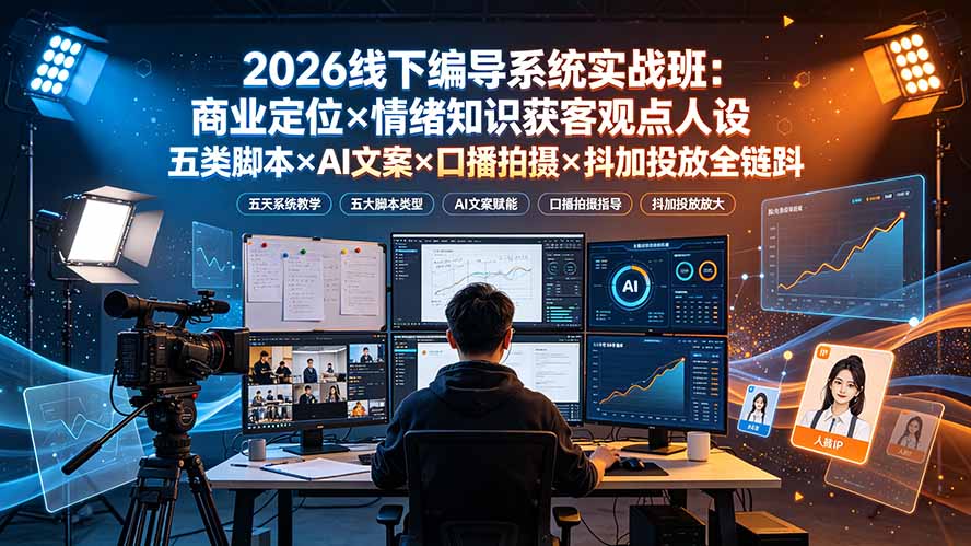 2026线下编导系统实战班：商业定位×情绪知识获客观点人设五类脚本×AI文案×口播拍摄×抖加投放全链路-独家科技资源网