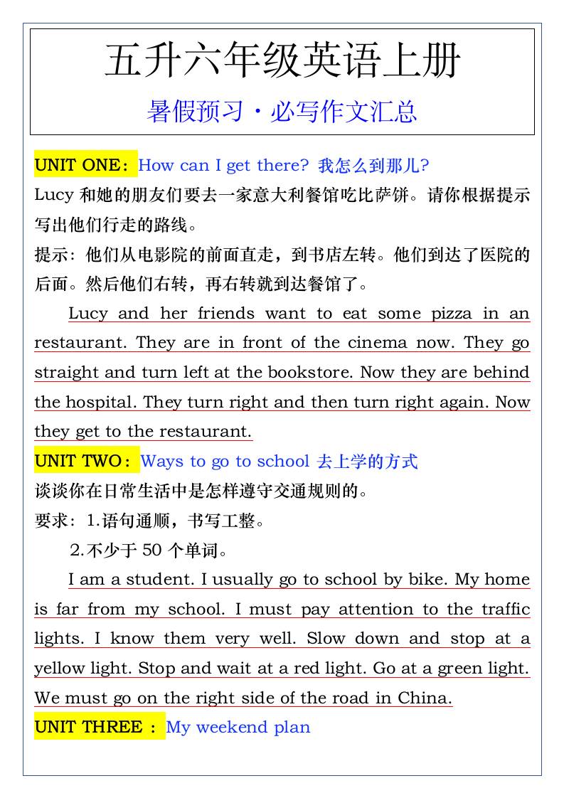 五升六年级英语上册暑假预习·必写作文汇总-六上英语-独家科技资源网