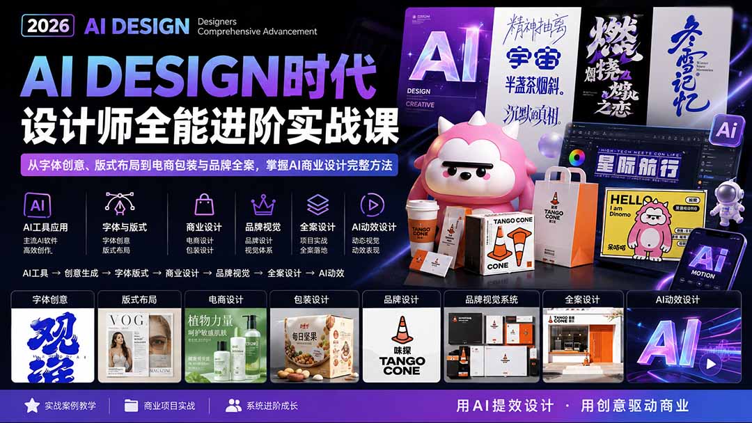 2026AI DESIGN时代设计师全能进阶实战课：从字体创意、版式布局到电商包装与品牌全案，掌握AI商业设计完整方法-独家科技资源网