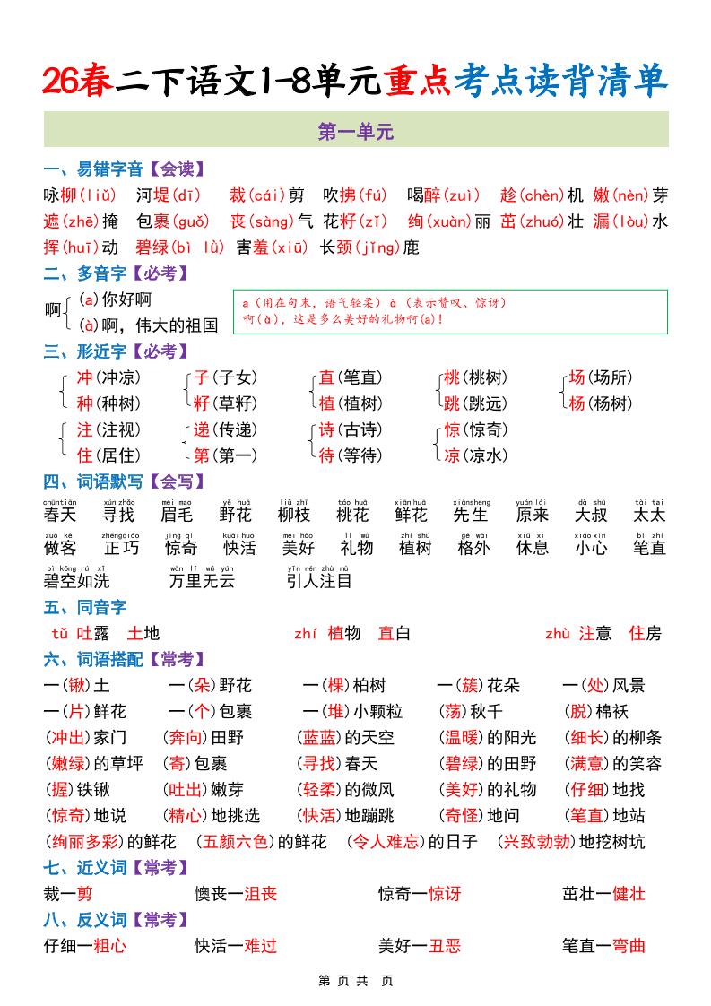 二年级下语文期末复习1-8单元重点考点读背清单-独家科技资源网