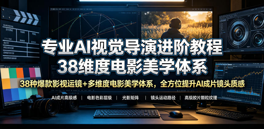 专业AI视觉导演进阶教程，38种爆款影视运镜+多维度电影美学体系，全方位提升AI成片高级感与镜头质感-独家科技资源网