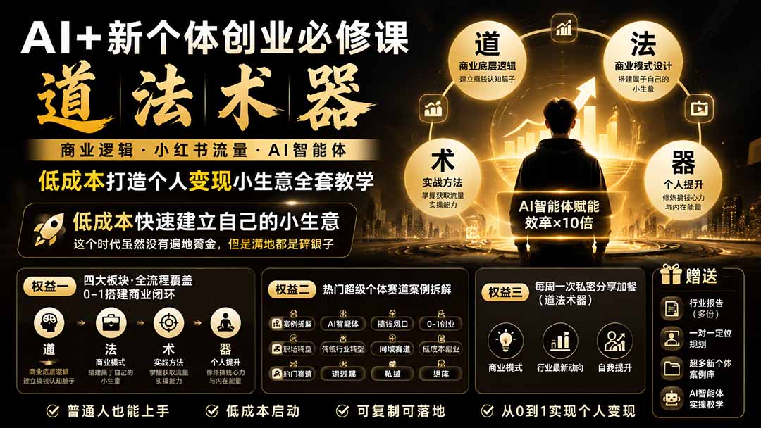 AI+新个体创业必修课|道法术器|商业逻辑·小红书流量·AI智能体|低成本打造个人变现小生意全套教学-独家科技资源网