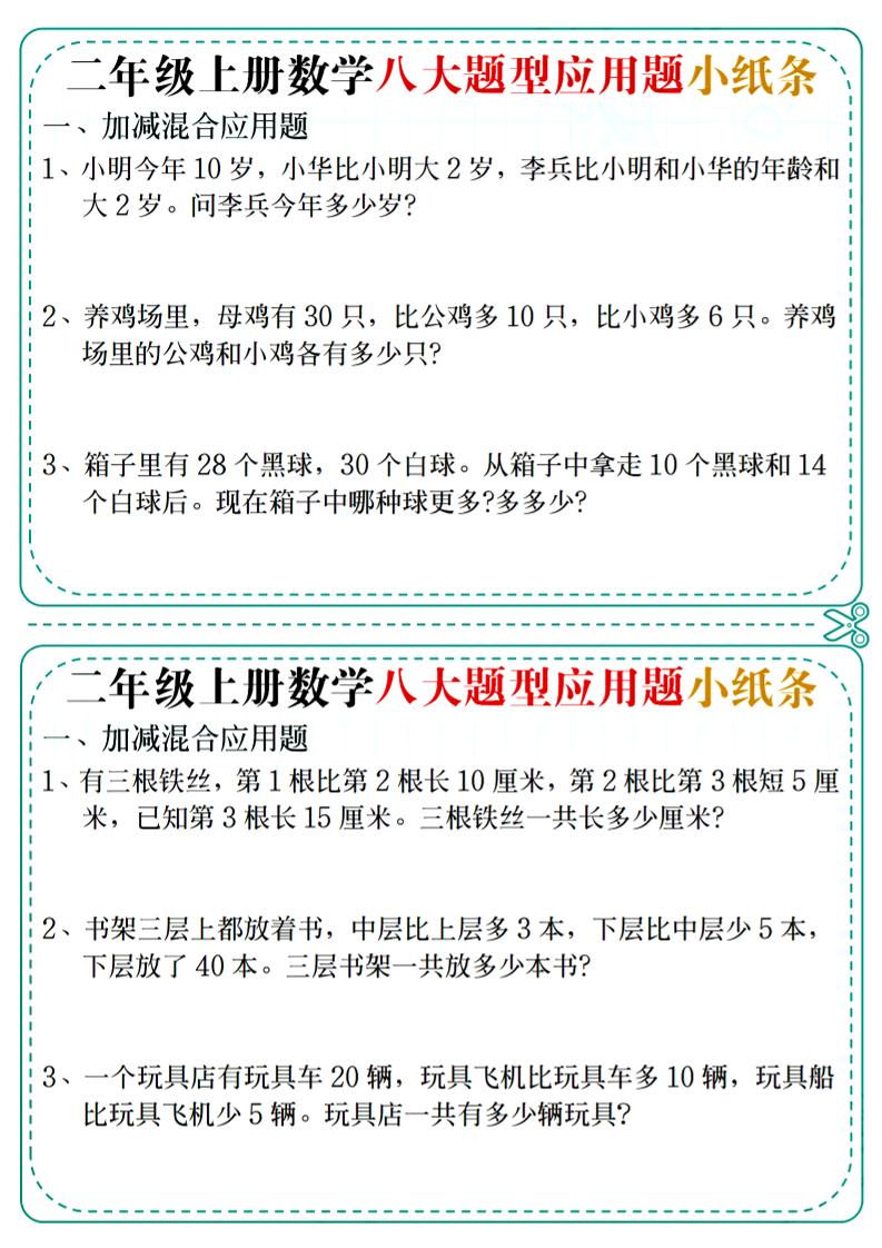 二年级上数学八大题型应用题小纸条-独家科技资源网