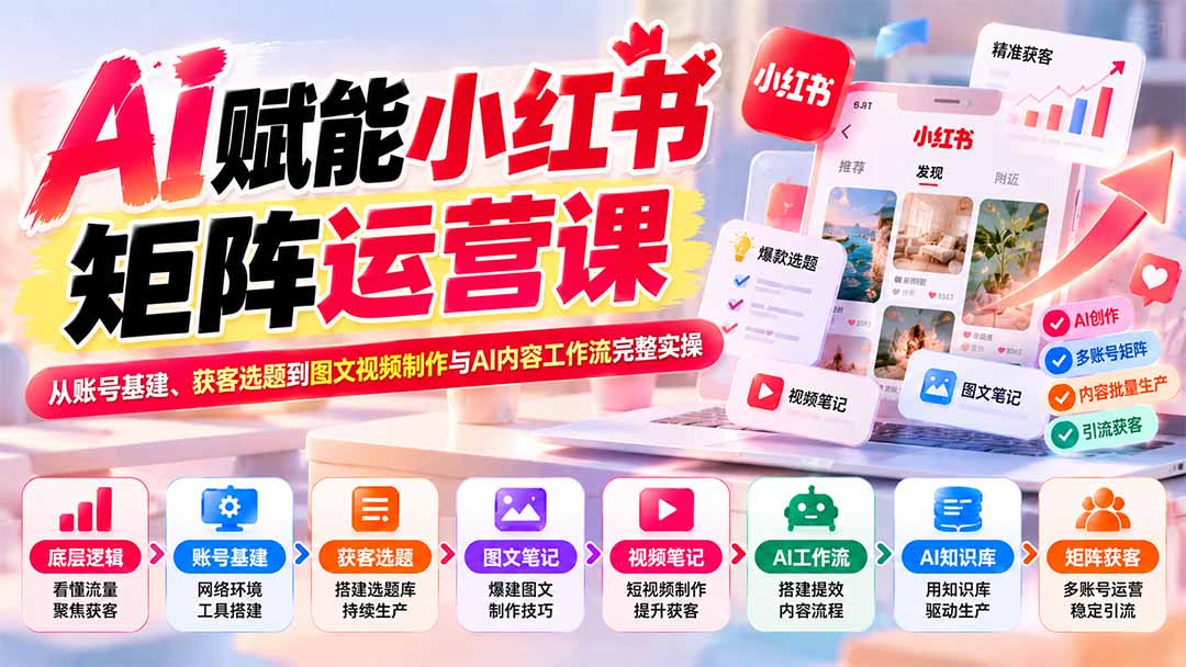 AI赋能小红书矩阵运营课：从账号基建、获客选题到图文视频制作与AI内容工作流完整实操-独家科技资源网