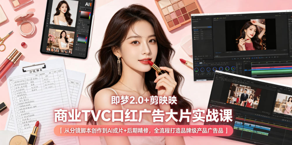 即梦2.0+剪映商业TVC口红广告大片实战课｜从分镜脚本创作到AI成片+后期精修，全流程打造品牌级产品广告-独家科技资源网