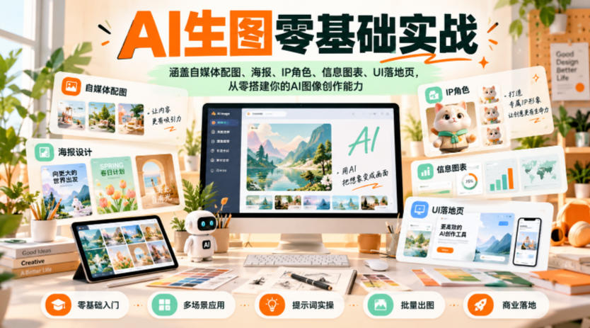 AI生图零基础实战，涵盖自媒体配图、海报、IP角色、信息图表、UI落地页，从零搭建你的AI图像创作能力-独家科技资源网