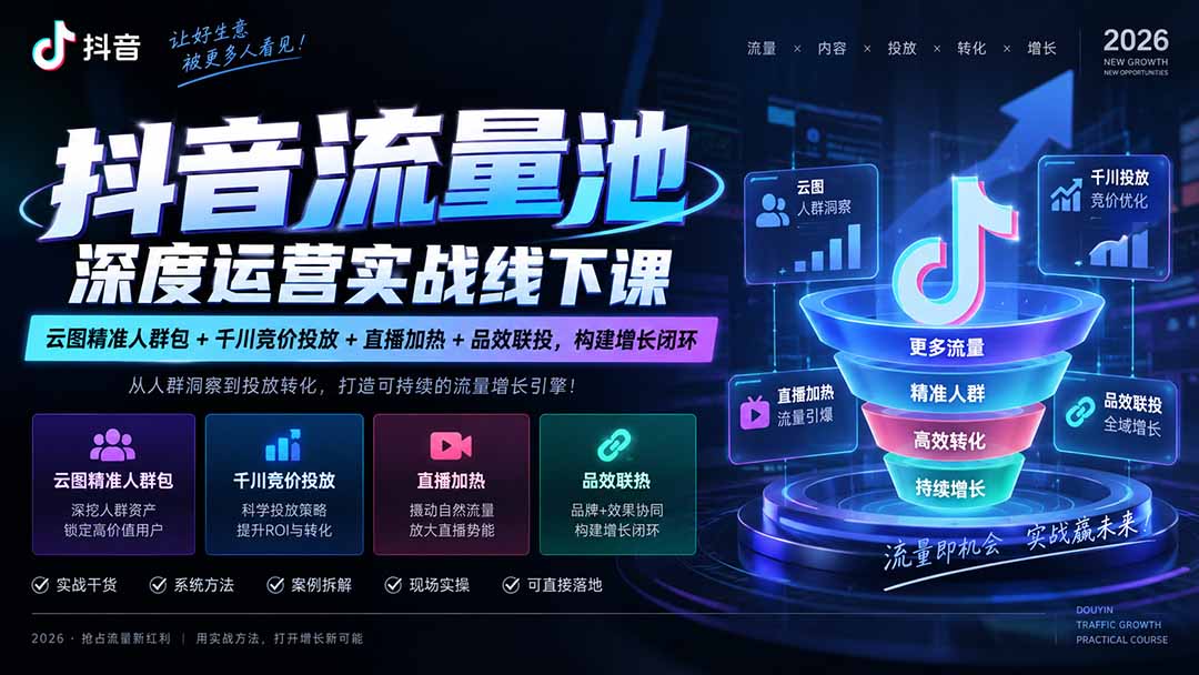 抖音流量池深度运营实战线下课|云图精准人群包+千川竞价投放+直播加热+品效联投,构建增长闭环-独家科技资源网