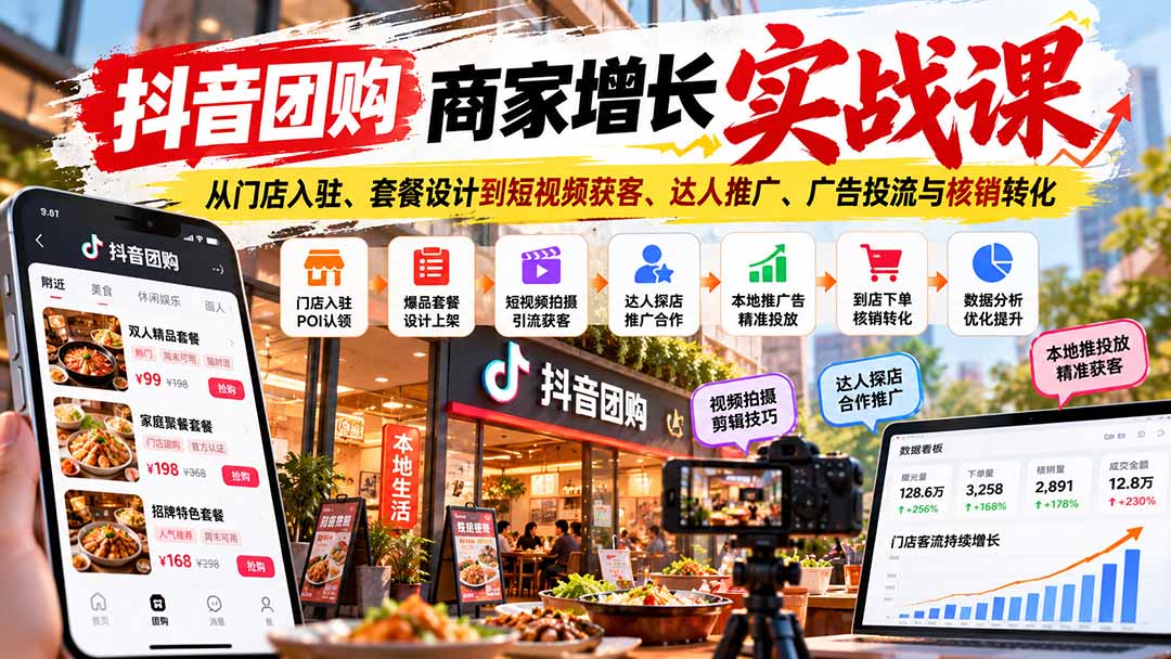 抖音团购商家增长实战课:从门店入驻、套餐设计到短视频获客、达人推广、广告投流与核销转化-独家科技资源网