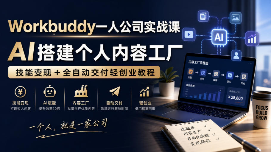 Workbuddy一人公司实战课，AI搭建个人内容工厂，技能变现+全自动交付轻创业教程​-独家科技资源网