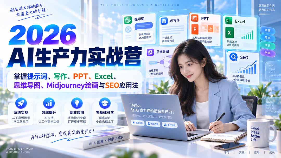 2026AI生产力实战营：掌握提示词、写作、PPT、Excel、思维导图、Midjourney绘画与SEO应用法-独家科技资源网