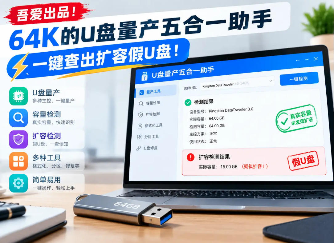 吾爱出品!64K的U盘量产五合一助手,一键查出扩容假U盘!-独家科技资源网