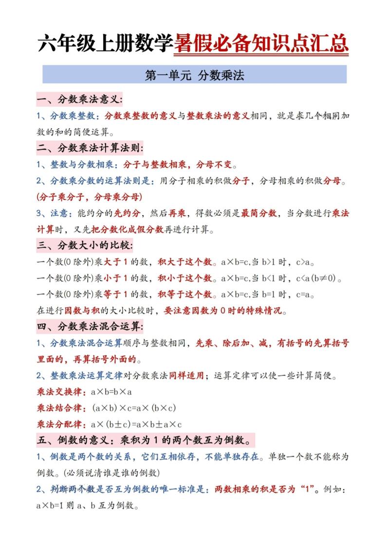 六年级上册数学暑假必备知识点汇总9页-独家科技资源网