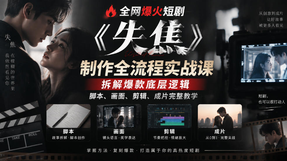 全网爆火短剧《失焦》制作全流程实战课|拆解爆款底层逻辑,脚本、画面、剪辑、成片完整教学-独家科技资源网