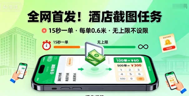 全网首发！酒店截图任务，15秒一单，每单0.6米，任务无上限不设限，矩阵操作单日3张到手【揭秘】-独家科技资源网