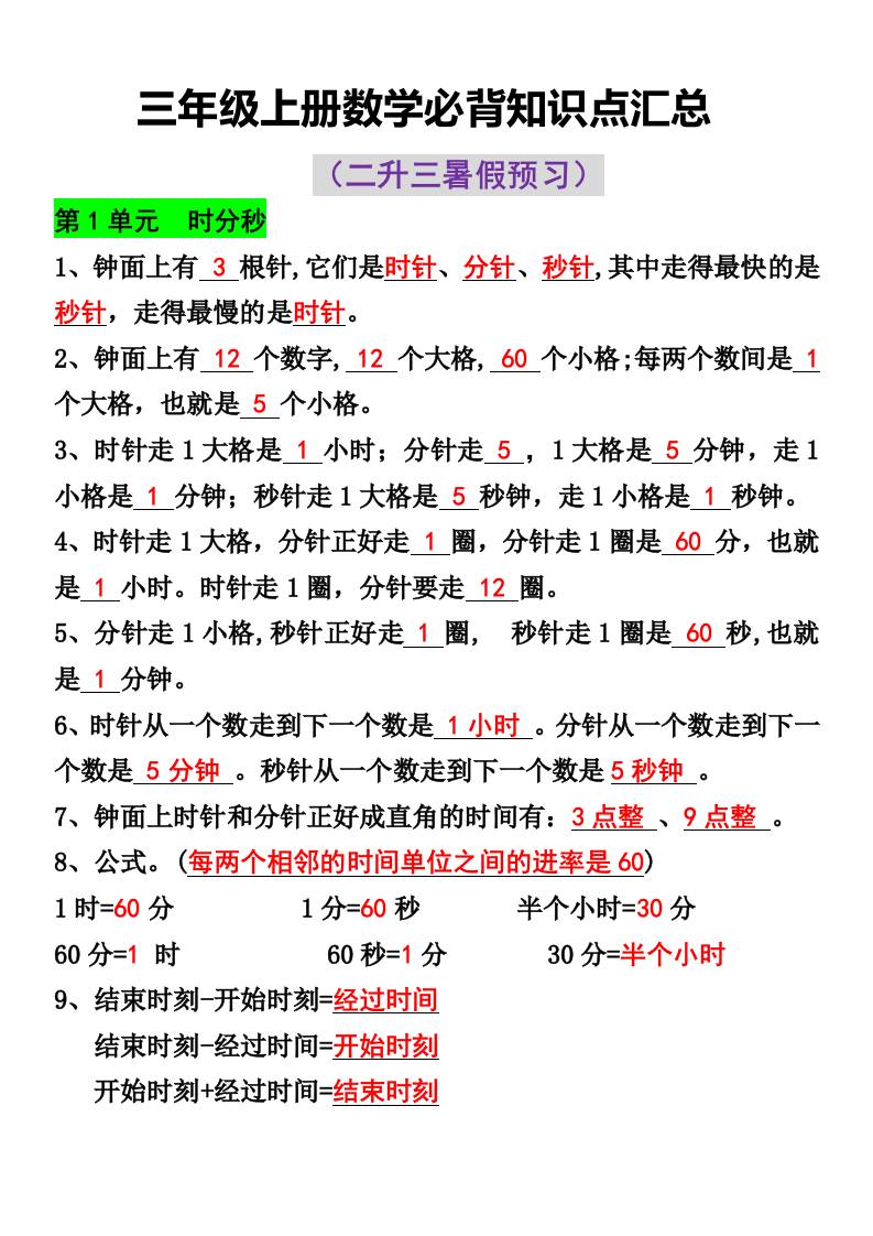 三年级上册数学必背知识点汇总-独家科技资源网