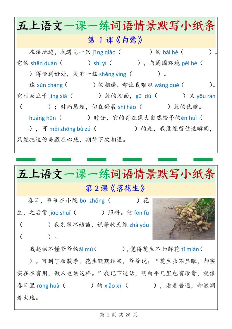 五上语文一课一练词语情景默写小纸条（含答案26页）-独家科技资源网