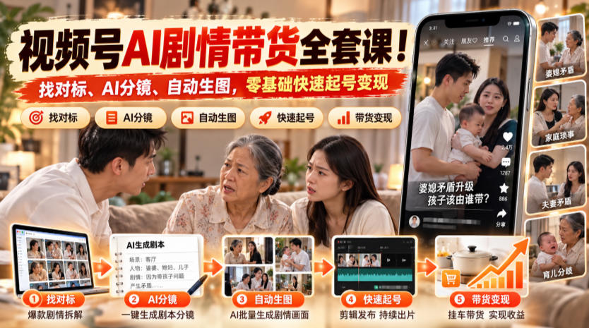 视频号AI剧情带货全套课！找对标、AI分镜、自动生图，零基础快速起号变现-独家科技资源网