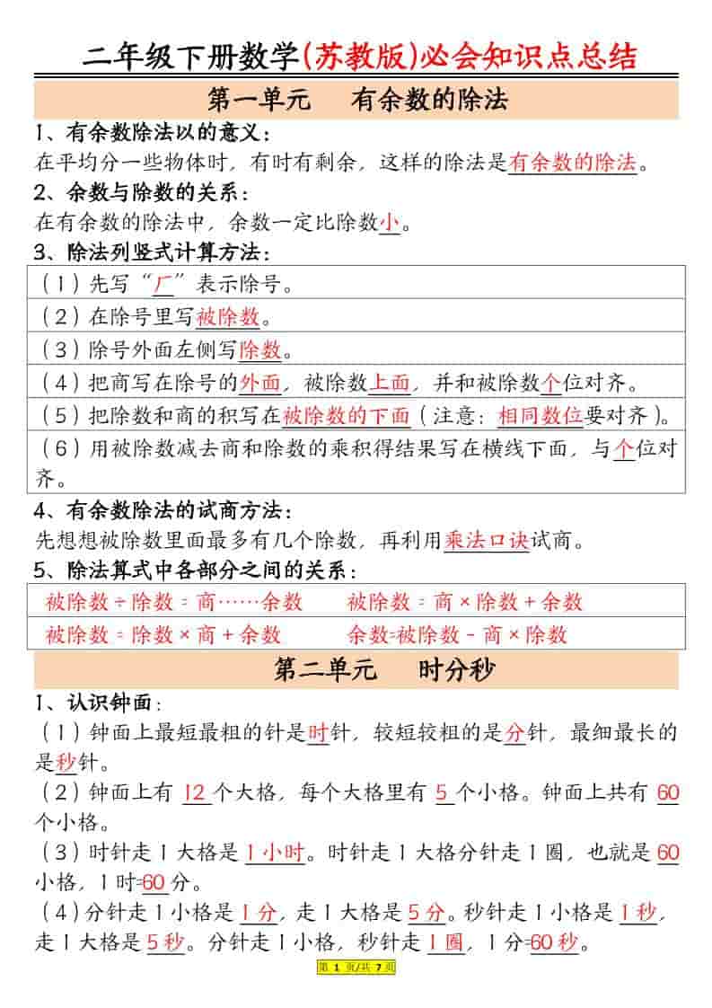 二年级下数学必会知识汇总《苏教版》-独家科技资源网