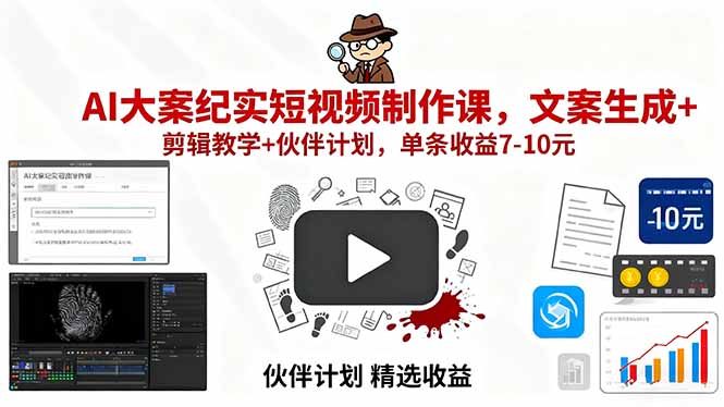 AI大案纪实短视频制作课，文案生成+剪辑教学+伙伴计划，单条收益7-10元-独家科技资源网