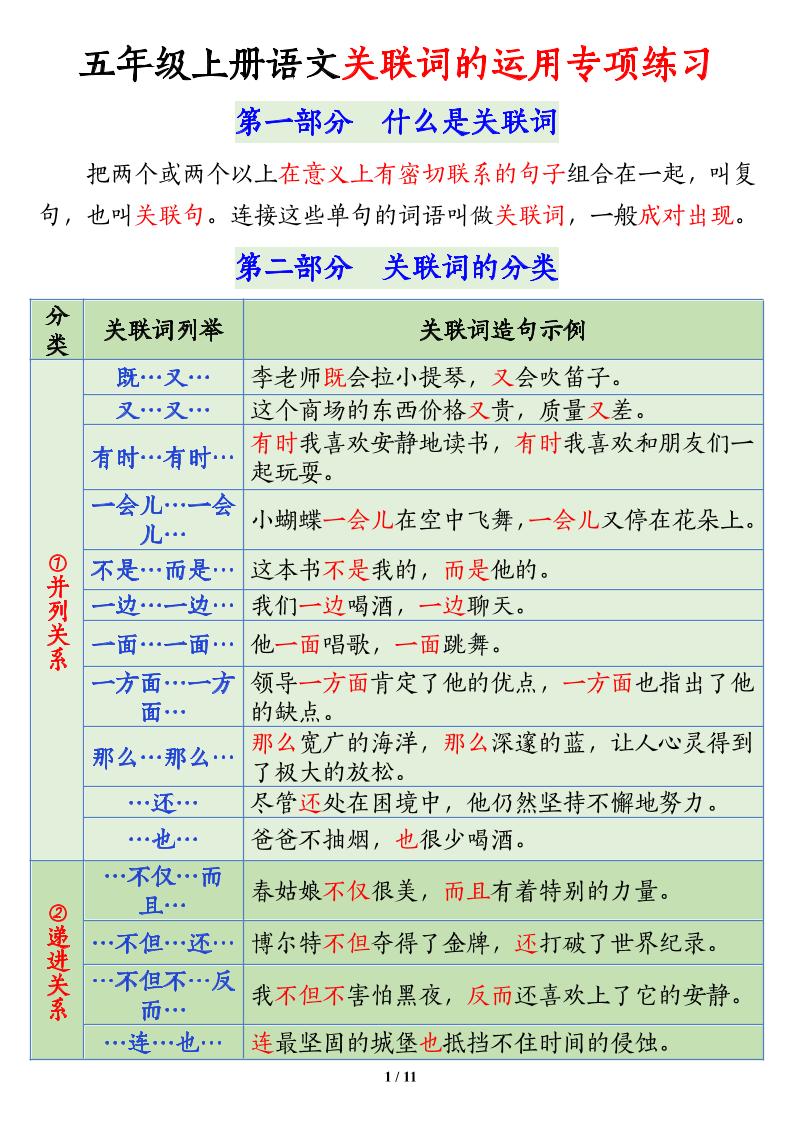 五上语文关联词语的运用专项练习（11页）-独家科技资源网