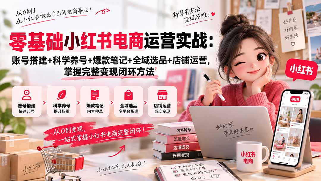 零基础小红书电商运营实战：账号搭建+科学养号+爆款笔记+全域选品+店铺运营，掌握完整变现闭环方法-独家科技资源网