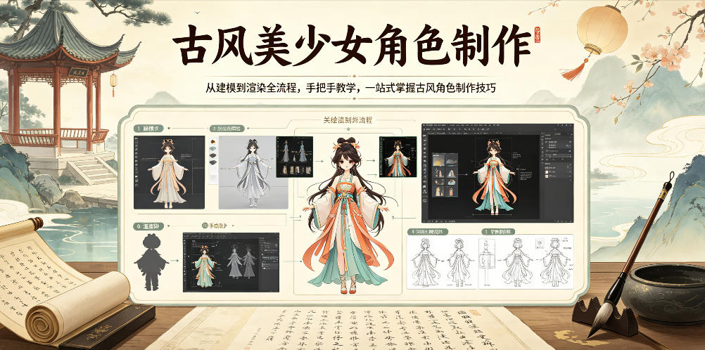 古风美少女角色制作,从建模到渲染全流程,手把手教学,一站式掌握古风角色制作技巧-独家科技资源网