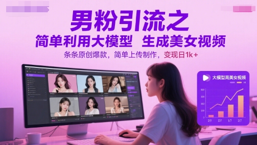 男粉引流之简单利用大模型生成美女视频，条条原创爆款，简单上传制作，变现日1k+-独家科技资源网
