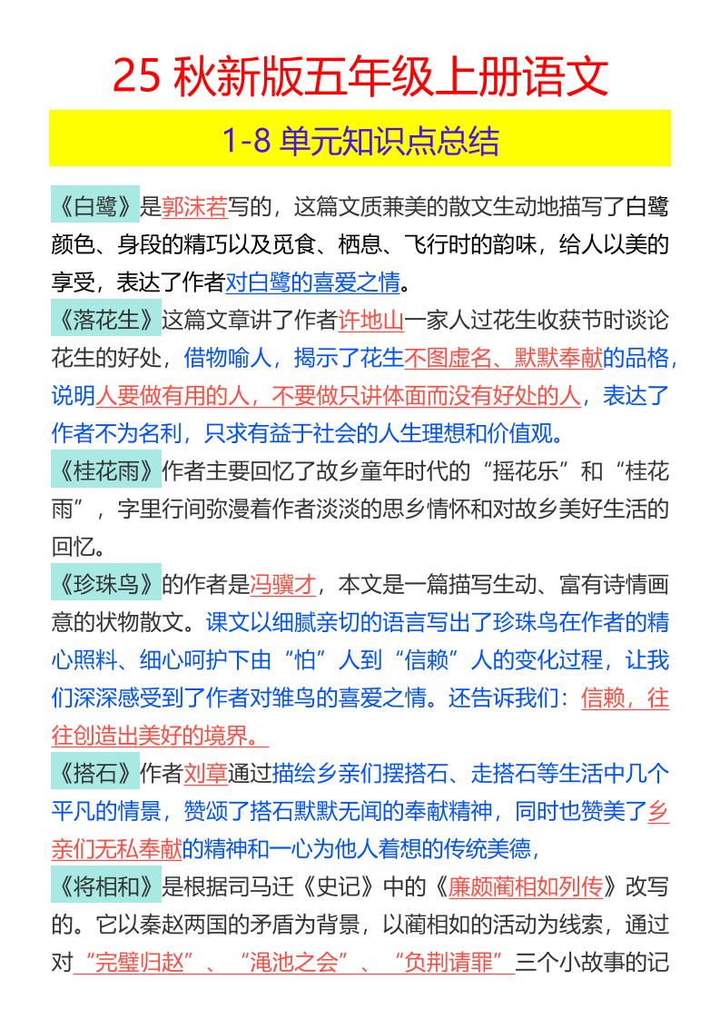 【2025秋新版】五年级上册语文1-8单元知识点总结-独家科技资源网