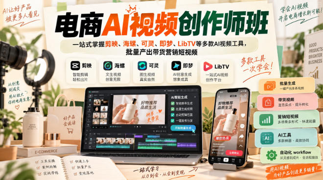 电商AI视频创作师班，一站式掌握剪映、海螺、可灵、即梦、LibTV等多款AI视频工具，批量产出带货营销短视频-独家科技资源网