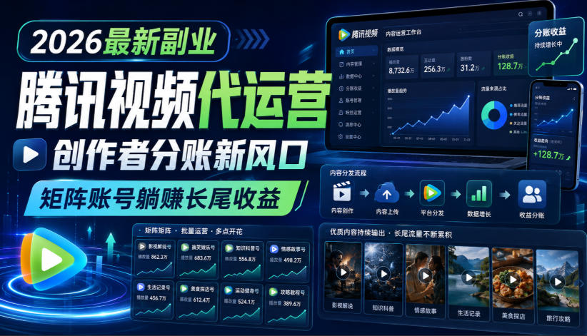 2026最新副业之腾讯视频代运营:创作者分账新风口,矩阵账号躺賺长尾收益【揭秘】-独家科技资源网