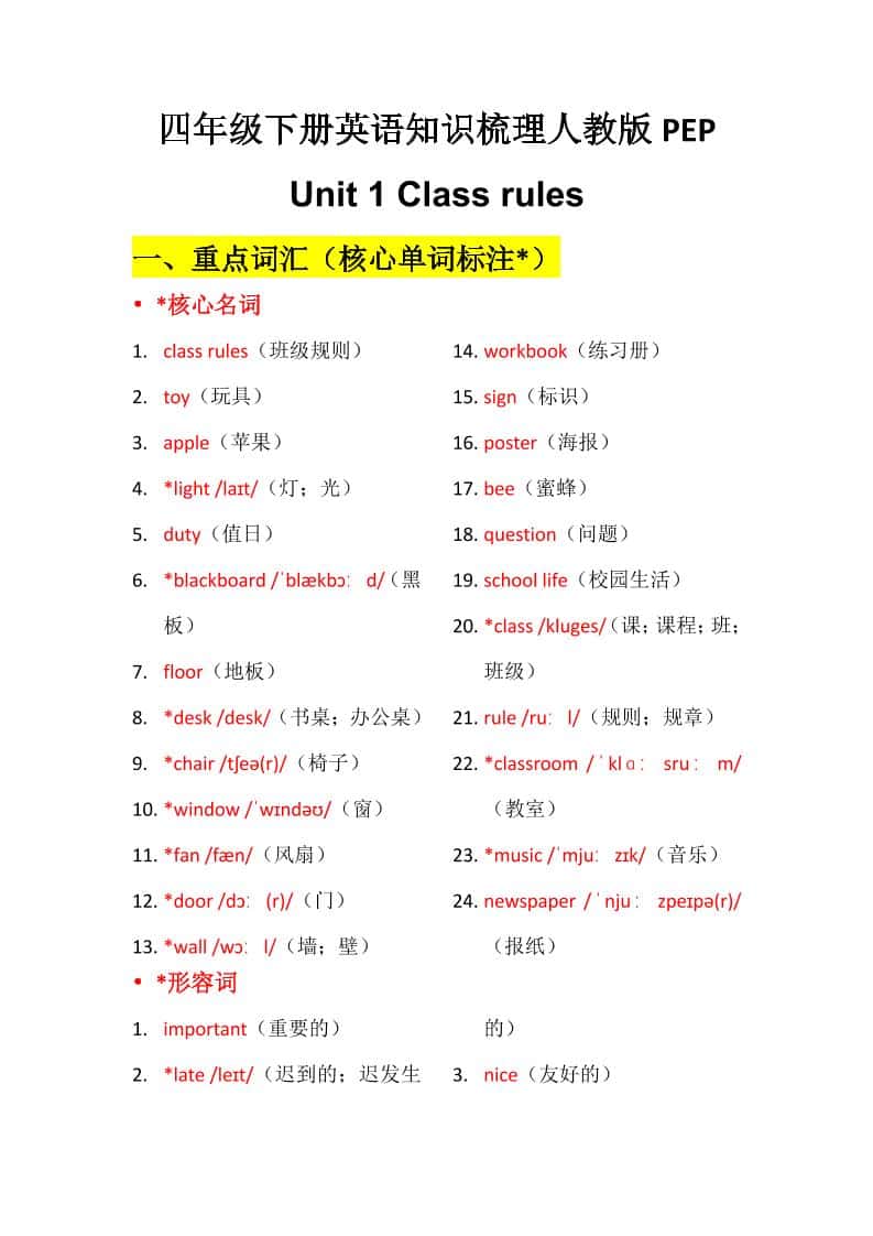 四年级下英语Unit1知识梳理+默写单《人教版PEP》-独家科技资源网