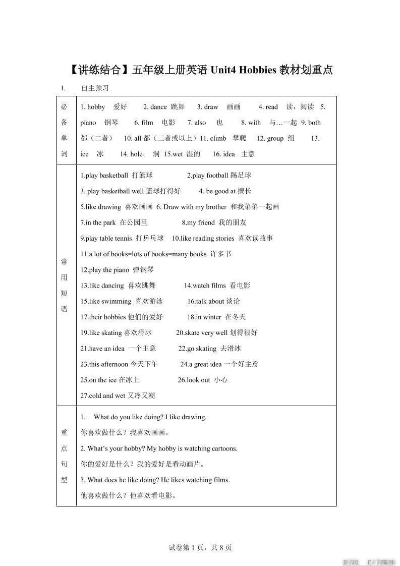 【单元热点难点】译林版（三起）英语五年级上册Unit4Hobbies教材划重点-独家科技资源网