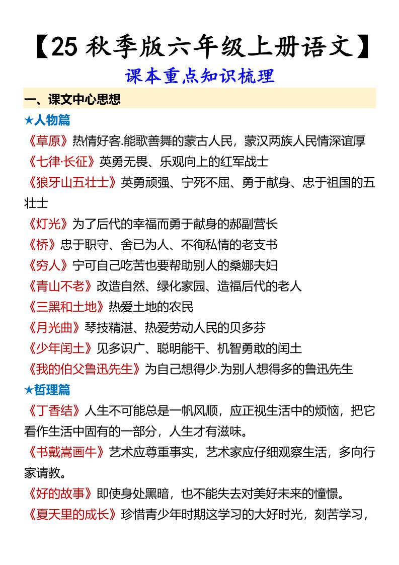 【2025秋新版】【六年级上册语文】课本重点知识梳理-独家科技资源网