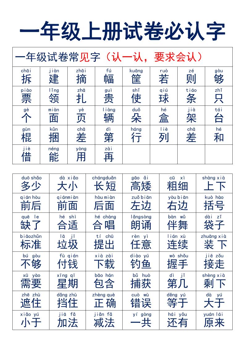 一年级上语文试卷必认字-独家科技资源网