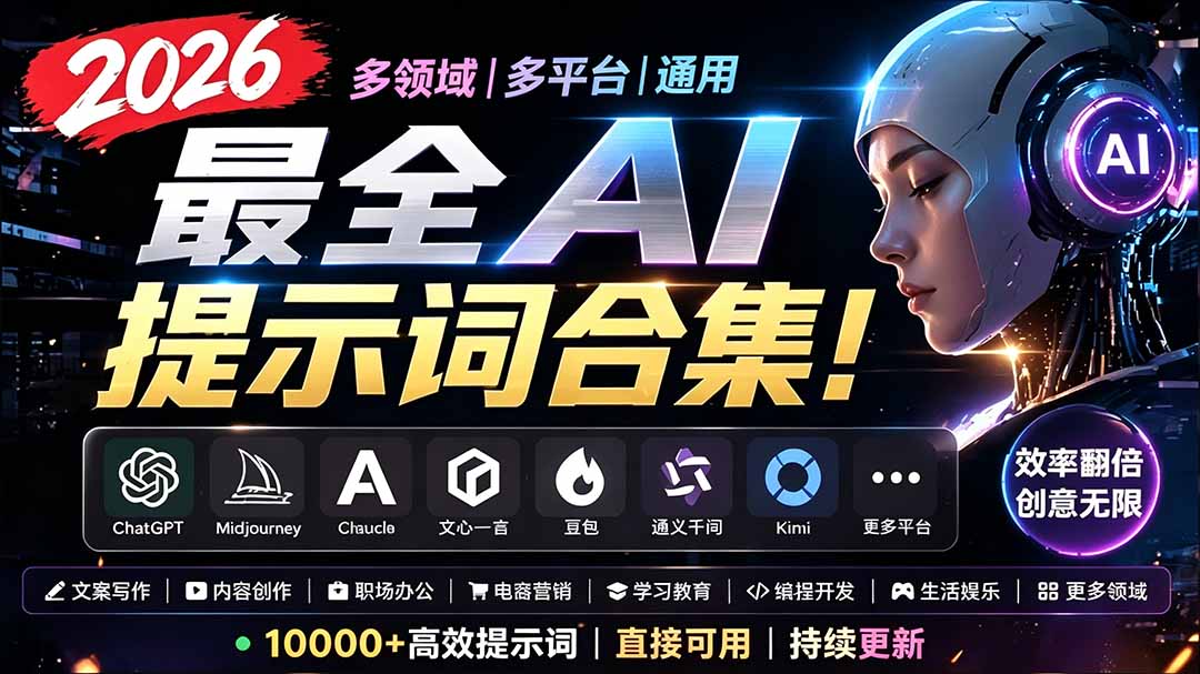 2026最全AI提示词合集!多领域多平台通用,涵盖AI绘画、电商主图、爆款文案,脚本创作等-独家科技资源网