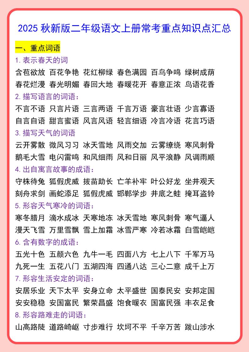 【2025秋新版】二年级语文上册常考重点知识点汇总-独家科技资源网