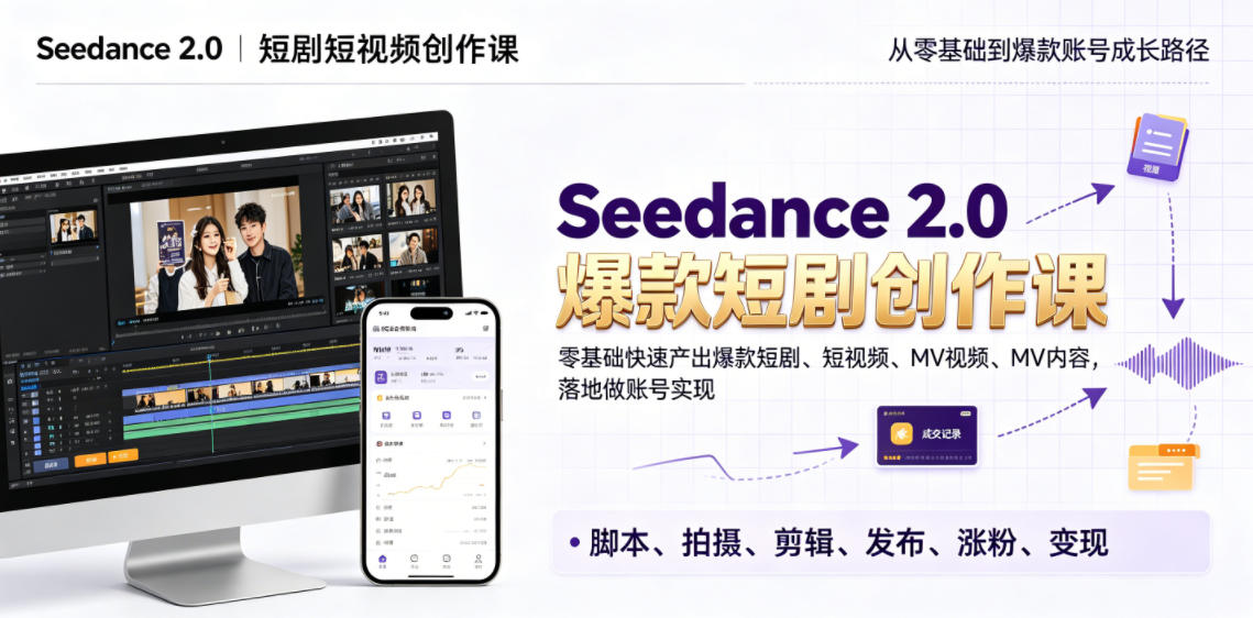 Seedance 2.0短剧短视频创作课,零基础快速产出爆款短剧、短视频、MV内容,落地做账号实现变现-独家科技资源网